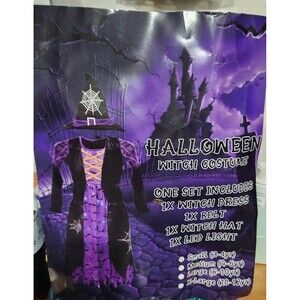 Girls SMALL 3 -5 Purple LED Witch Halloween Costume Dress Hat Belt Soft Broom